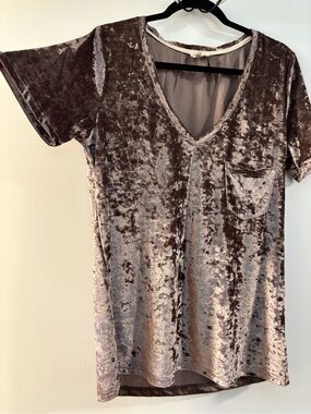 POL Shimmer Velvet V-Neck Tee — Taupe